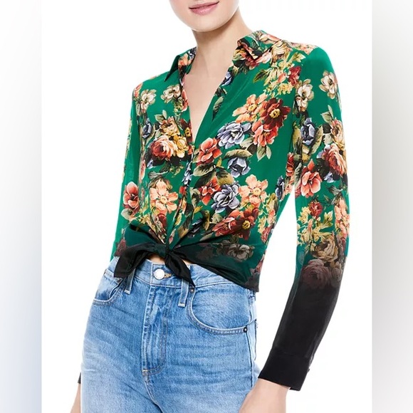 Alice + Olivia Tops - Alice + Olivia 100% Silk Green Floral Top